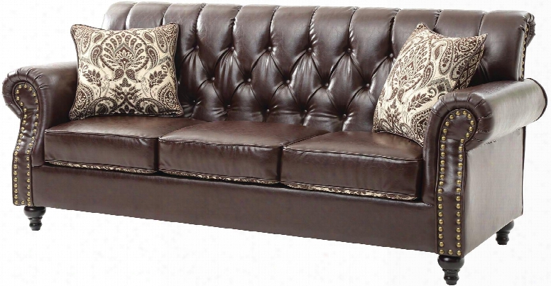 G524-s 88" Sofa With Button Tufted Back Nailhead Trim Throw Pillows Rolled Arms Turned Wood Legs Self Welted Cushions And Bicast Faux Leather In Dark