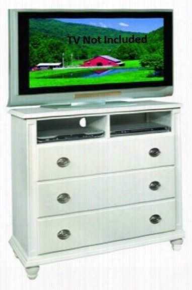 G5975-tv 44" Media Chest With 3 Dovetailed Drawers 2 Open Compartments Hole For Wires Turned Legs And Wood Veneer Construction In White