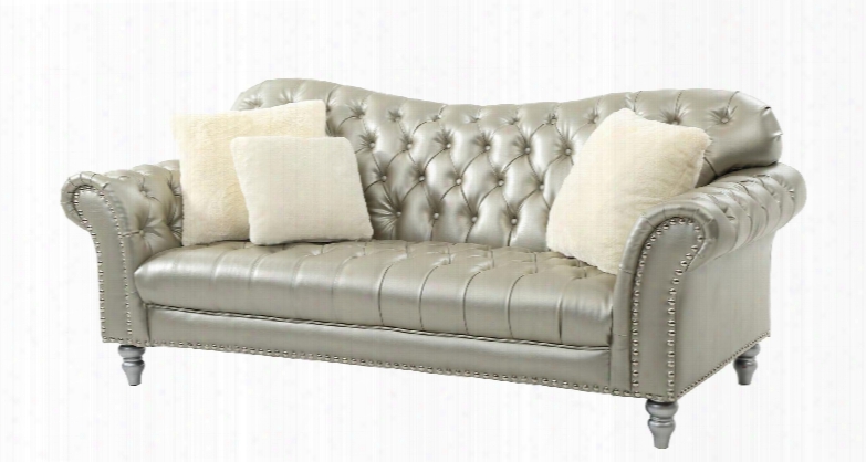 G704-s 89" Sofa With Painted Legs Match Nailheads Nail Head Trim Rolled Arms Button Tufting Details Turned Legs And Faux Leather Upholstery In Silver