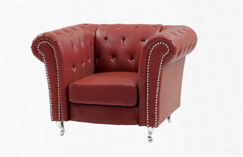 G759-c 44" Armchair With Button Tufted Back Nail Head Trim Turned Feet Rolled Arms Pocketed Coil Seating And Faux Leather Upholstery In Red