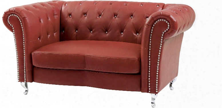 G759-l 69" Loveseat With Button Tufted Back Nail Head Trim Turned Feet Rollled Arms Pocketed Coil Seating And Faux Leather Upholstery In Red