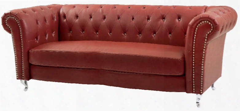 G759-s 91" Sofa With Button Tufting Nail Head Trim Pocket Coil Seating Rolled Arms Turned Legs And Faux Leather Uphollstery In Red