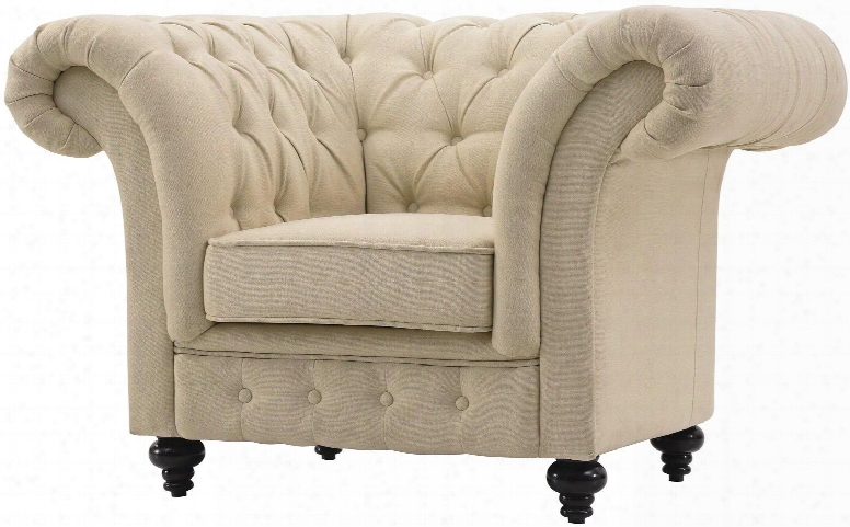G932-c 51" Armchair With Rolled Arms Button Tufting Mid Century Design Turned Legs And Building Upholstery In Beige
