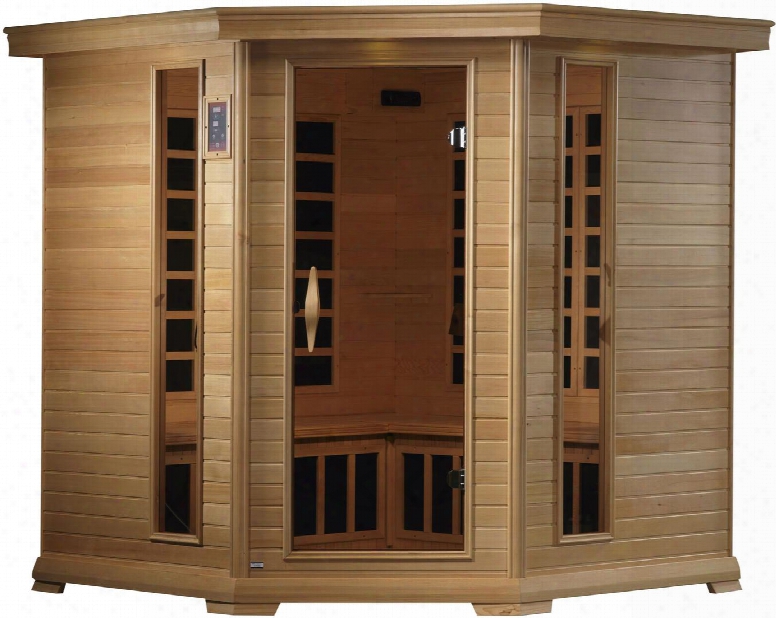 Gdi-6445-01 77" Near Zero Emf Far Infrared Corner Sauna With 4-5 Person Capacity 12 Carbon Heating Elements Tempered Glass Door Chromotherapy Lighting And