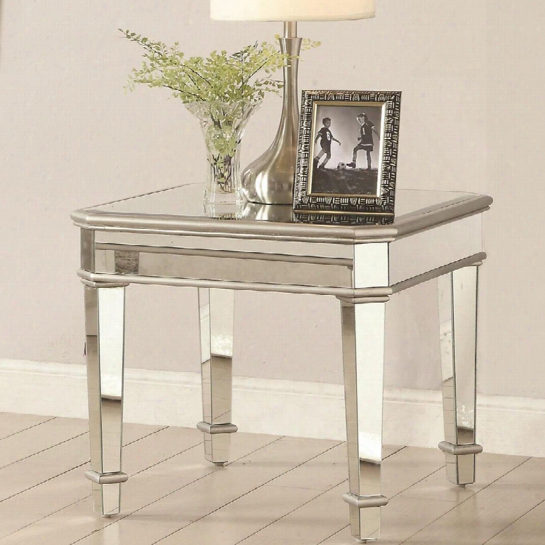 Glass Top Occasional Tables Collection 703937 28" End Table With Beveled Edge Tapered Legs And Mirrored Panels In Silver