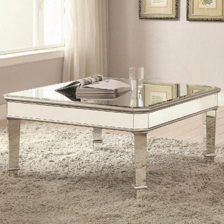 Glass Top Occasional Tables Collection 703938 38" Coffee Table With Beveled Edge Tapered Legs And Mirrored Panels In Silver