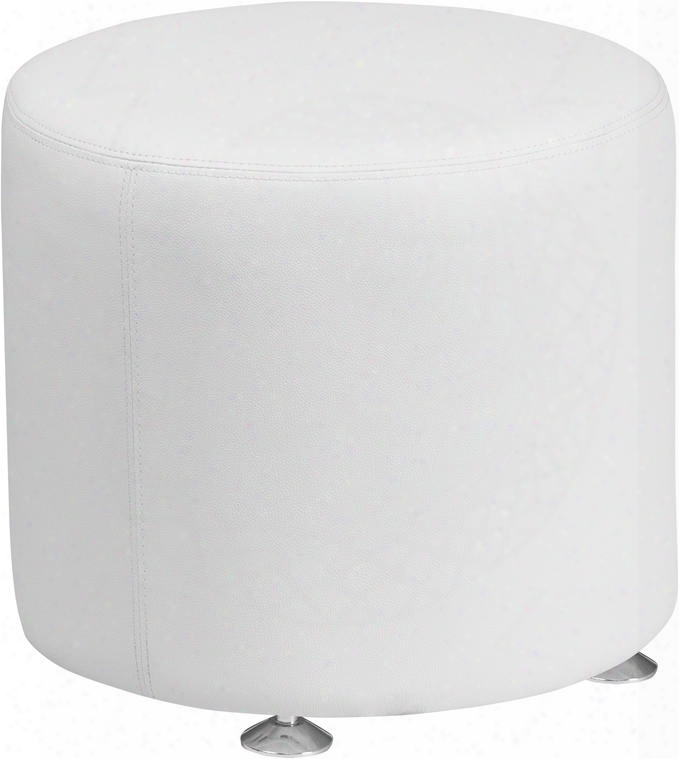 Hercules Alon Collection Zb-803-rd-18-wh-gg 18" Ottoman With Foam Filled Cushion Floor Glides Round Shape Line Stitching And Leathersoft Upholstery In White