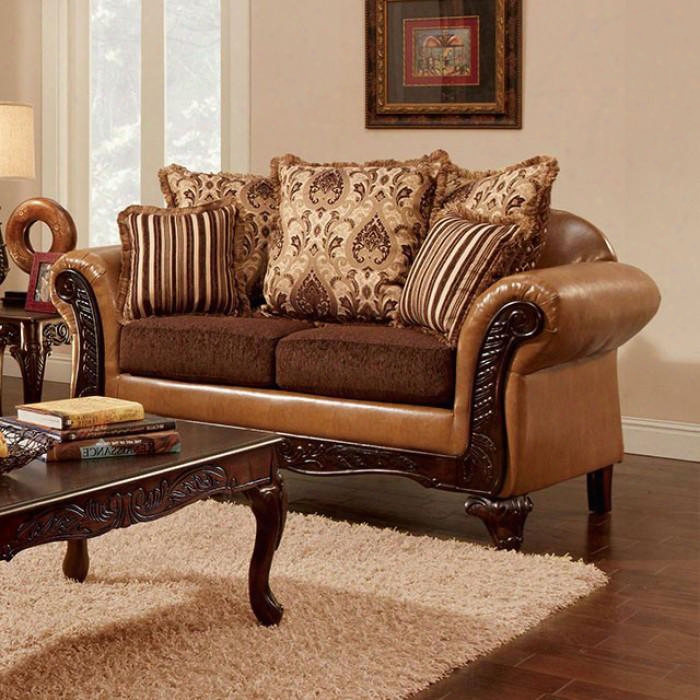 Isabella Collection Sm7506-lv 71" Love Seat With Chenille Fabric & Leatherette Intricate Wood Trim Loose Back Pillows And Rolled Arms In Camel And Dark