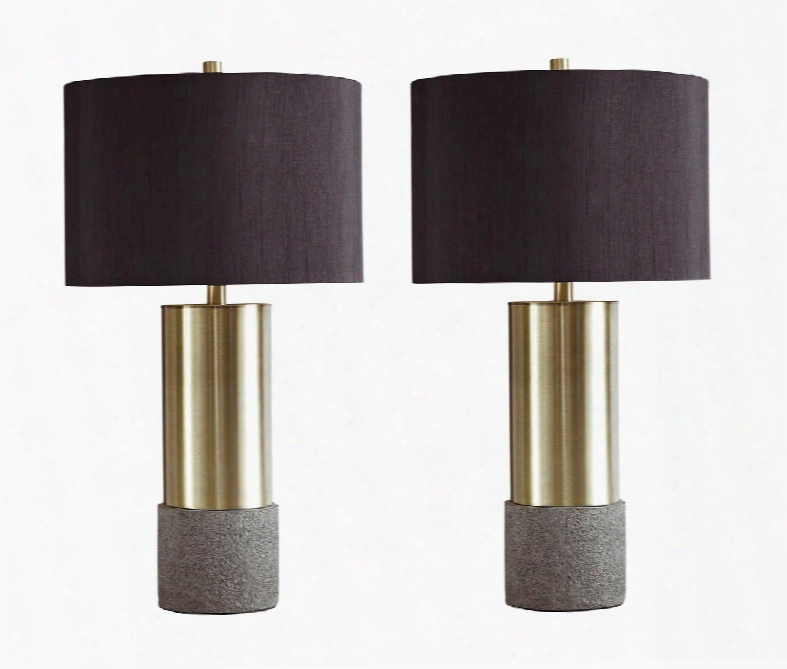 Jacek Collection L243164 (set Of 2) Metal Table Lamps With Drum Shade And 3-way Switch In Grey And Brass