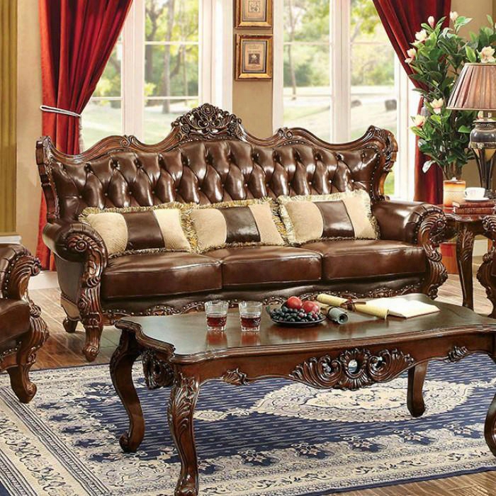 Jericho Collection Cm6786-sf-pk 89" Sofa With Intricate Wood Trim Button Tufted Back And Rolled Arms In Brown And Dark