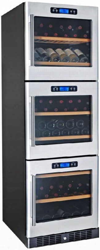 K430avt33 24" Triple Zone Wine Cooler With 133 Bottles Capacity Touch-key Control Panel Wooden Shelves Fan Cooling System Safety Lock And Led Lighting In