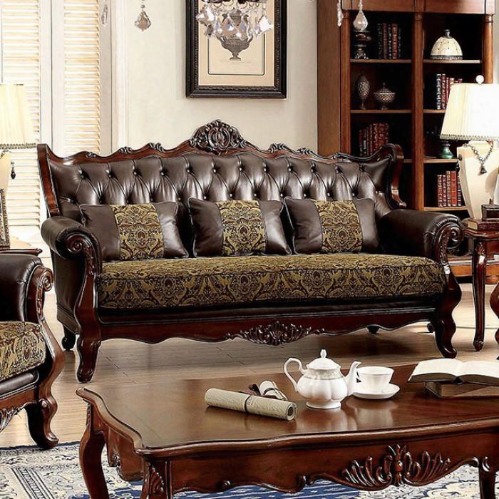 Kamilah Collection Cm6787-sf-pk 84" Sofa With Intricate Wood Trim Rolled Arms Top Grain Leather Match Backrest  And Pattern Fabric In Brown And Dark