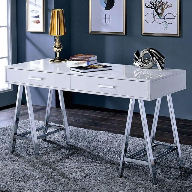 Liv Cm-dk6133wh Computer Desk With Contemporary Style Angled Chrome Legs Metal Hardware 2 Drawers In