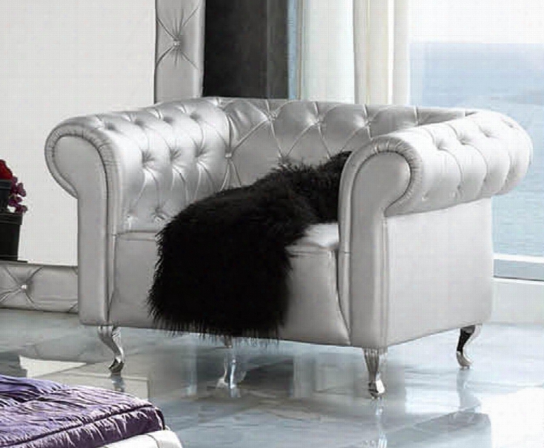 Lorena Collection I2090 43" Armchair With Crystal Tufting Chrome Plated Cabriole Legs Rolled Arms And Pu Leather Upholstery In Silver