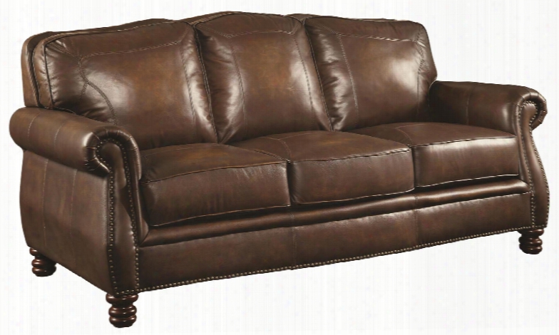 Montbrook Collection 503981 85&quo;t Sofa With Rolled Arms Nail Head Trim Picture Frame Back Cushions And Leather Upholstery In Hand Rubbed Brown