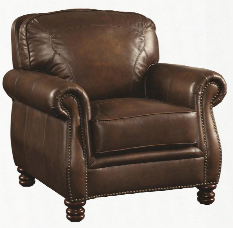 Montbrook Collection 503983 39" Chair With Rolled Arms Nail Head Trim Picture Frame Back Cushions And Leather Upholstery In Hand Rubbed Brown