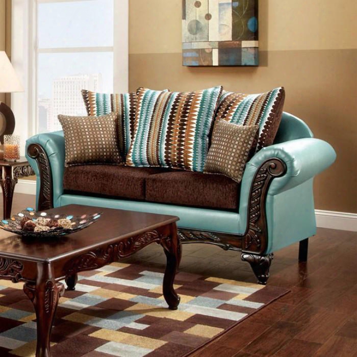 Mulligan Collection Sm7610-lv 68" Love Seat With Rolled Arms Plush Pillows Intricate Carving And Fabric & Leatherette Upholstery In Teal And Dark