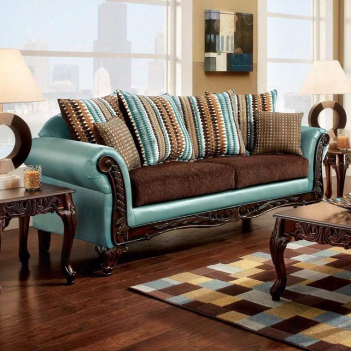 Mulligan Collection Sm7610-sf 90" Sofa With Rolled Arms Plush Pillows Intricate Carving And Fabric & Leatherette Upholstery In Teal And Dark