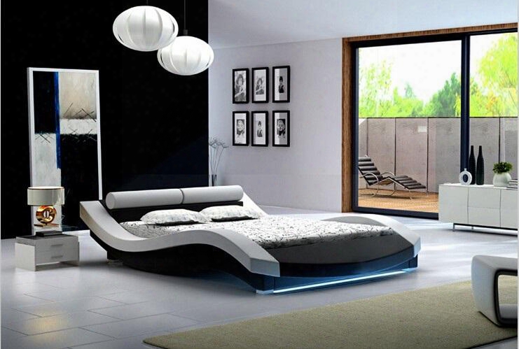 New York Collection Sf-847-k-w 94" Modern King Bed With Led Lights Low Profile And Leatherette Upholstery In