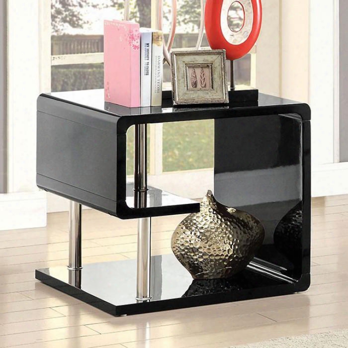 Ninove I Collection Cm4057bk-e 24" End Table With Chrome Poles Curled Shelving And High Gloss Lacquer Coating In