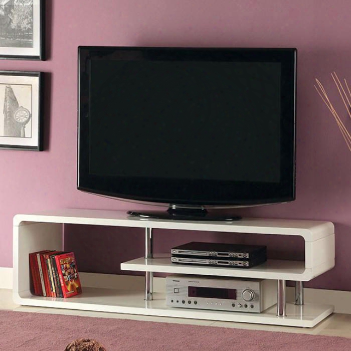 Ninove Ii Cm5057-tv 55" Tv Console With Contemporary Style Chrome Poles White Curled Shelving In