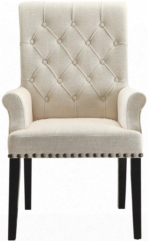 Parkins Collection 19016 41" Dining Arm Chair With Button Tufting Backrest Rolled Arms Beige Fabric Upholstery Tapered Legs And Wood Construction In Rustic