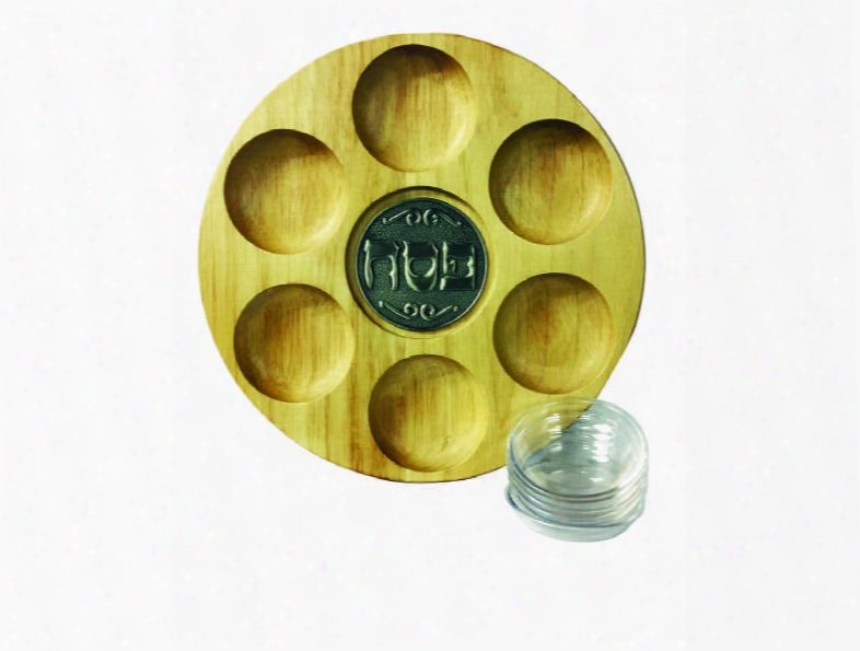 Pt-599 10" Round Wooden Passover Plate With Detailed Lettering Metal Center And 6 Plastic