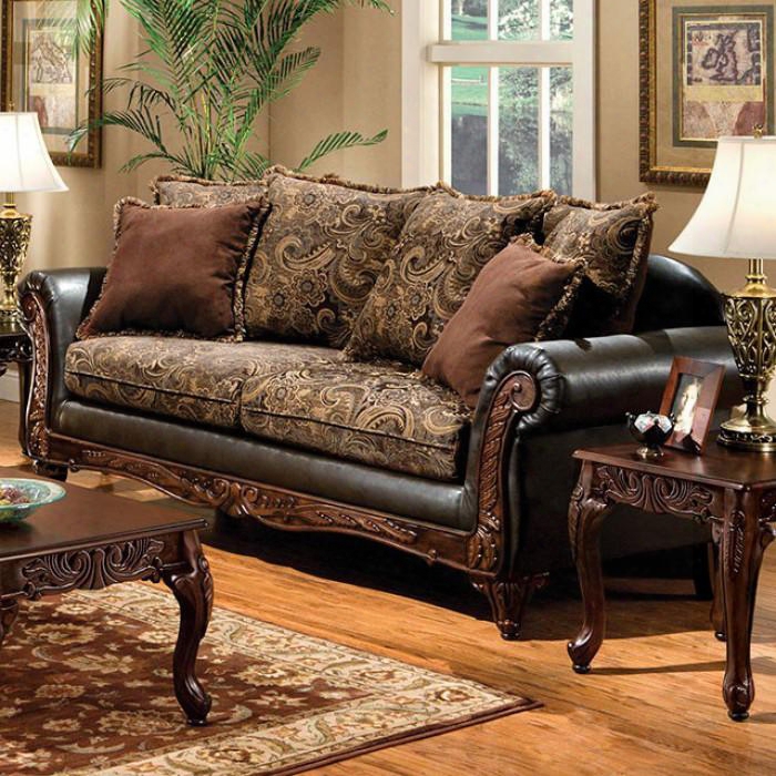 Rotherham Collection Sm7630-sf 90" Sofa With Rolled Arms Intricate Wood Trim And Fabric & Leaatherette Upholstery In Floral Brown/espresso/dark