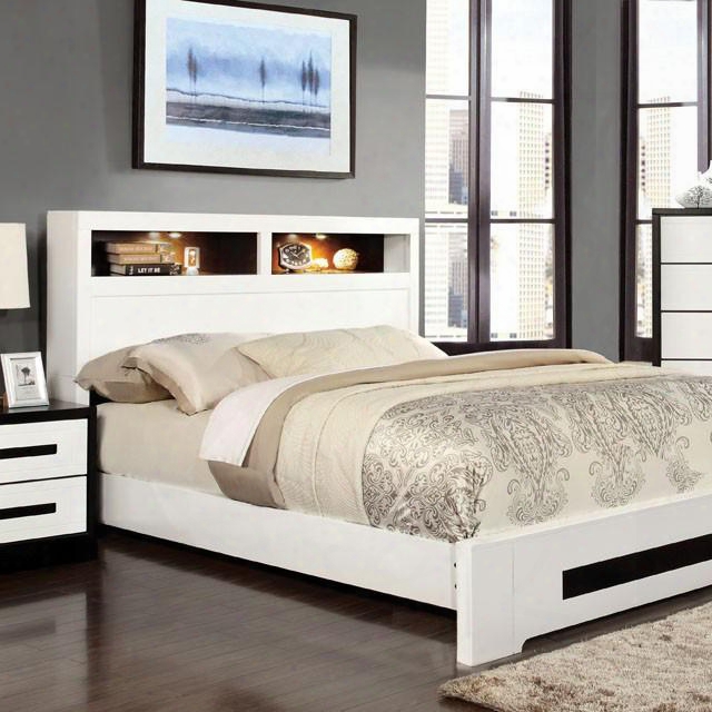 Rutger Collection Cm7297q-bed Queen Size Platform Bed With Led Lights Trim On Headboard Grey Leatherette Headboard And High Gloss Lacquer Coating In White