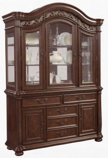 San Marino Collection 3530-1412 60" China Cabinet With 5 Doors 5 Drawers 2 Glass Shelves Scrolled Floral Carvings And Antique Brass Hardware In Dark Wood