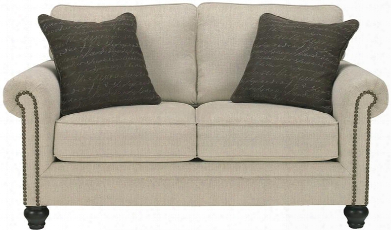 Signature Design By Ashley Milari Fsd-1309ls-lin-gg 66" Loveseat With Rolled Arms Loose Seat Cushions Antique Goldtone Nailhead Trim And Linen Upholstery In