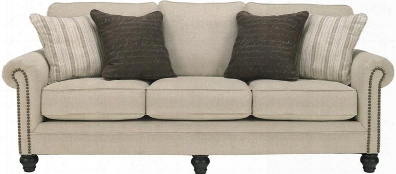 Signature Design By Ashley Milari Fsd-1309so-lin-gg 90" Sofa With Rolled Arms Loose Seat Cushions Antique Goldtone Nailhead Trim And Linen Upholstery In