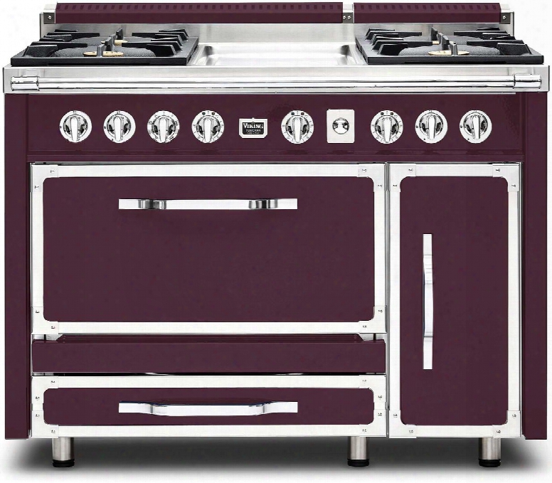 Tvdr480-4gbx 48" Tuscany Series Professional Dual Fuel Range With 4 Sealed Burners And A Griddle Dual Ovens Storage Drawer And Porcelain Coated Cast Iron