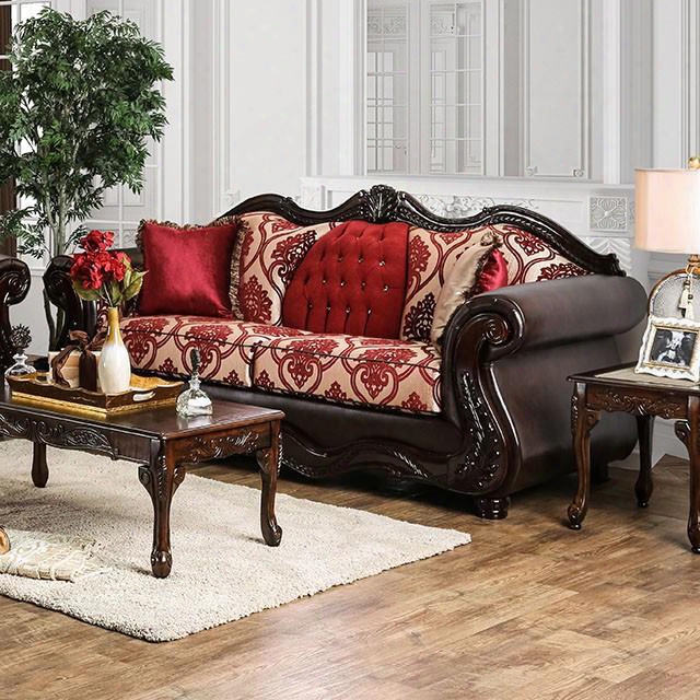 Wilford Collection Sm6307-sf 96" Sofa With Button Tufting Intricate Wood Trim Rolled Arms And Fabric & Leatherette Upholstery In Burgundy And