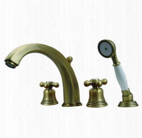 514463tfp Blairhaus Mckinley Deck Mount Tub Filler Set With Smooth Lined Arcing Spout Bell-shaped Cross Handles Beveled Escutcheons Hand Held Shower With