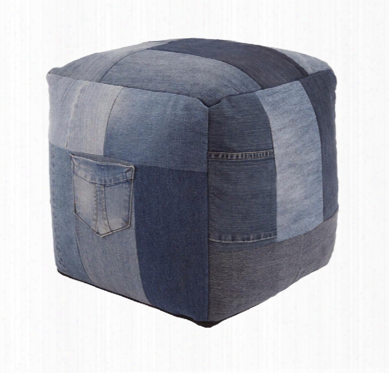 Aaden A1000549 18" Pouf Ottoman With Handmade Patchwork Design Casual Style And Recycled Denim Fabric With Esp Beads In