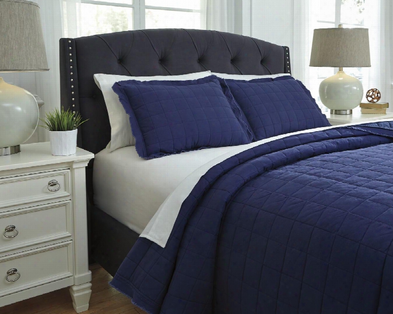 Amare Q776023k 3 Pc King Size Coverlet Set Includes 1 Coverlet And 2 Standard Shams With Ruffled Edge Design And Cotton Material In Navy
