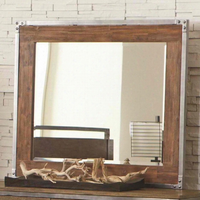 Arcadia 203804 40" X 34" Landscape Mirror With Pewter-coated Metal Accents Beveled Edge And Acacia Veneer Material In Weathered Acacia