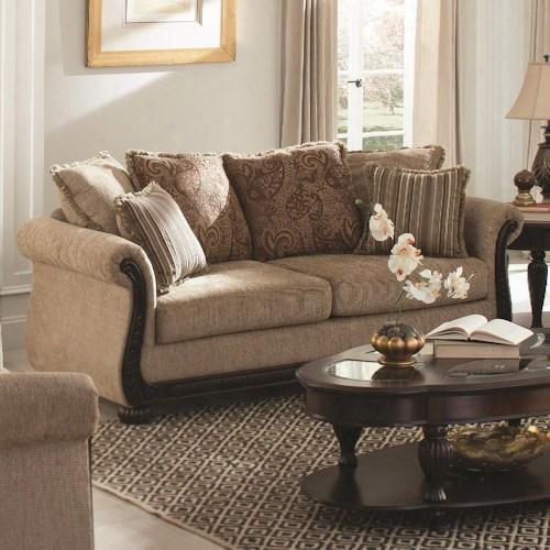 Beasley Collection 505241 85" Traditional Sofa With Rolled Arms And Wood Trim In Brown Fabric