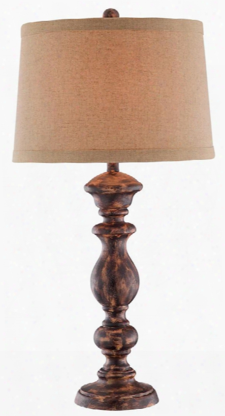 Bernard 99867 33" Tall Table Lamp With Oatmeal Linen Round Hardback Shade In Tan With Brown Rub