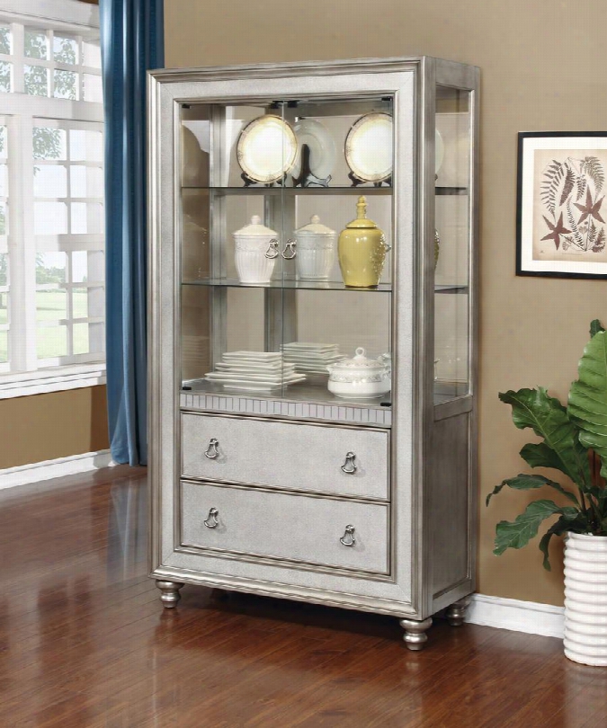 Bling Game 91018 78.25" Curio Cabinet With 3 Shelves 2 Drawers 2 Glass Doors Touch Lighting Decorative Hardware And Turned Legs In Metallic Platinum
