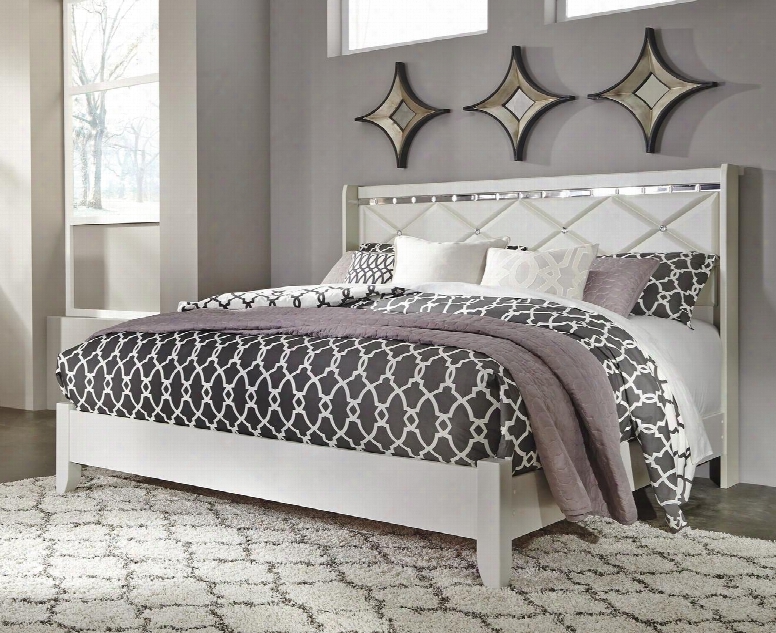 Dreamur B3515658 King Size Panel Bed With Diamond Pattern 3d Press Technology Faux Crystal Buttons And Beveled Edge Mirror In Champagne