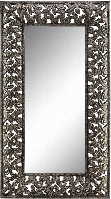 Flora 13276 94" Wall Mirror With Leaf Design Gold Rub And Beveled Mirror In Black