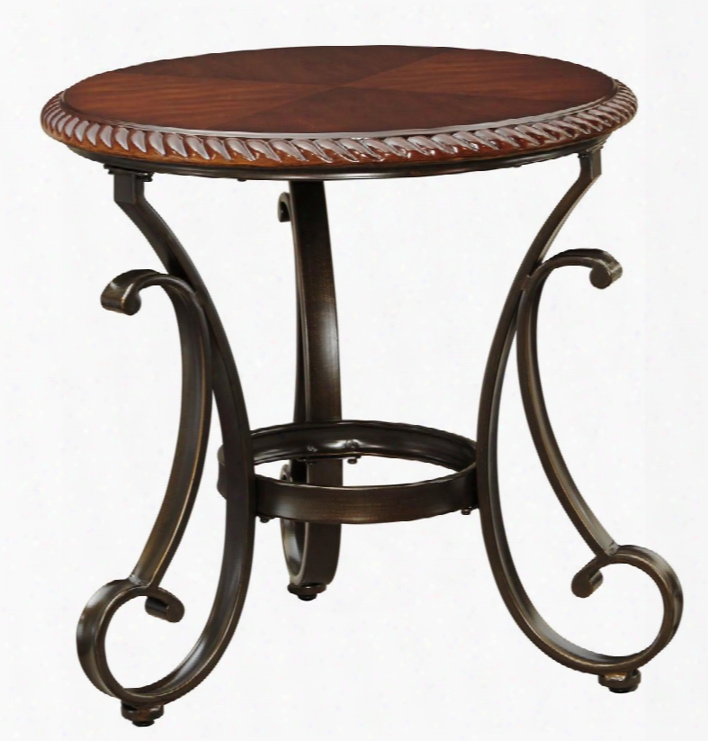 Gambrey T626-6 24" Round End Table With Top Made Of Select Veneers Rope Details Etched On Top Scrolled Metal Legs And Round Stretcher In Reddish Brown