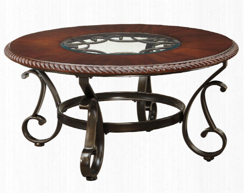 Gambrey T626-8 38" Round Cocktail Table With Rope Details Etched On Top Glass Insert And Scrolled Metal Legs In Reddish Brown