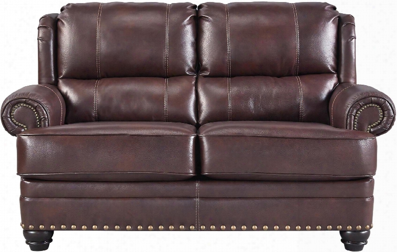 Glengary 3170035 68" Leather Match Loveseat With Rolled Arms Nail-head Accents And Split Back Design In Chestnut