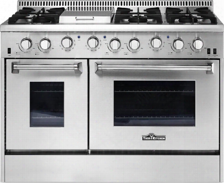 Hrg4808u 48" Professional Gas Range With 6 Burners And A Griddle Dual Ovens 4.2 And 2.5 Cu. Ft. Capacity 3 Halogen Oven Lighting Total And Thermostatically