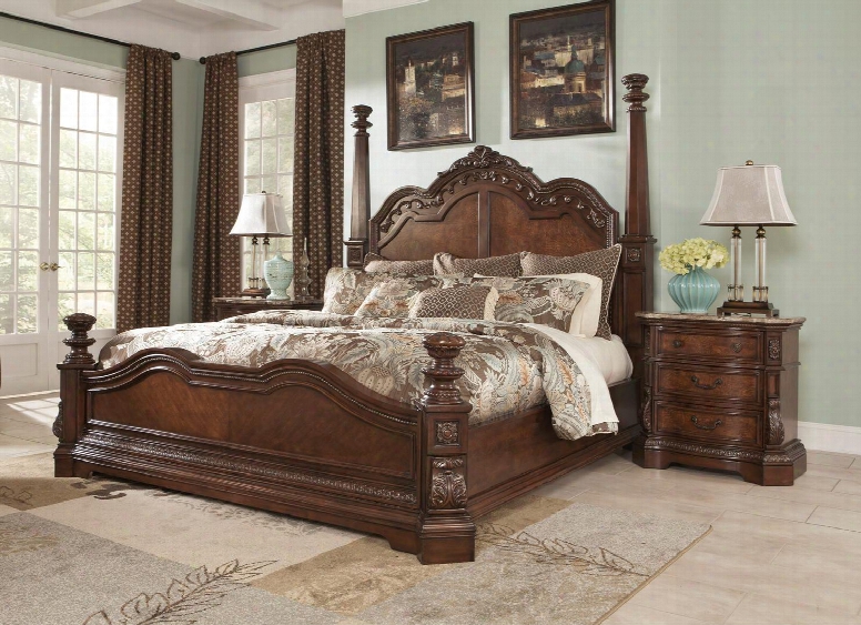 Ledelle Collection King Bedroom Set With Poster Bed And A Single Nightstand In Dark Cherry