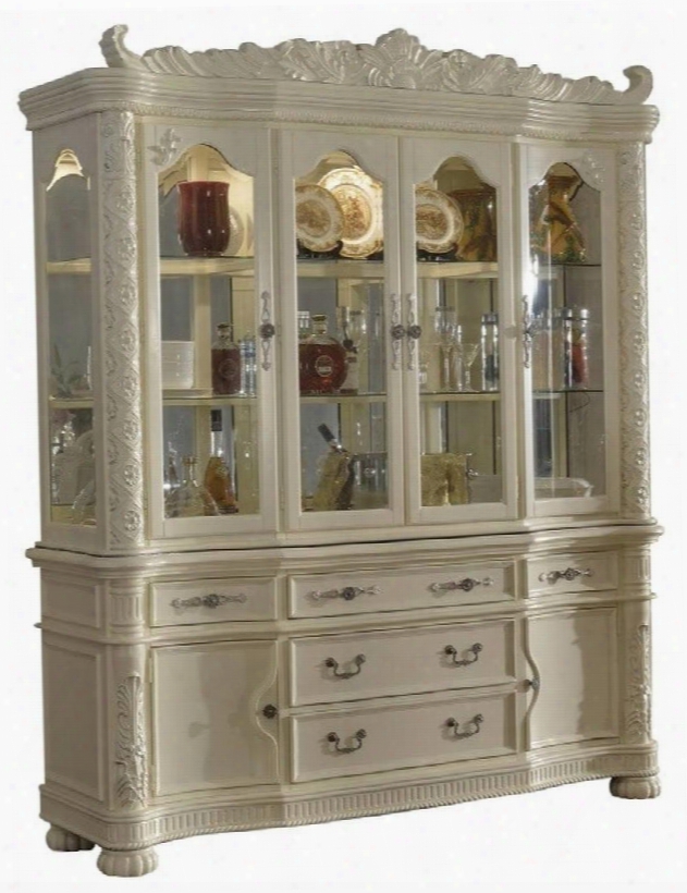 Madrid 702-hb 77" Hutch & Buffet With Glass Doors & Shelves Carved Detailing And Under-cabinet Lighting In Rich Pearl White