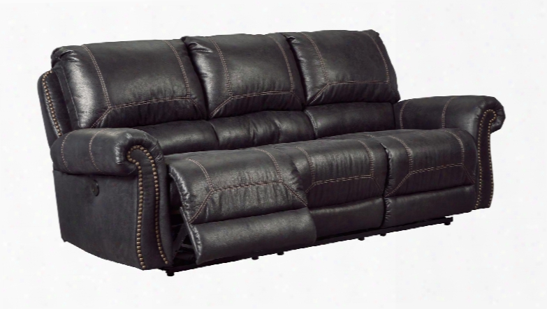 Milhaven 6330387 89&" Reclining Power Sofa With Nail Head Trim Rolled Arms Jumbo Stitching Split Back  Cushion Pu Leather And Fabric Upholstery In Black